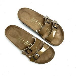 NWB Birkenstock Alpro Slide Sandals Double Strap Slides Sparkle Oro EUR 38 US 7